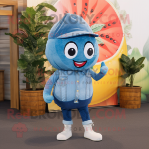 Blue Grapefruit mascot costume character dressed with a Denim Shirt and Headbands