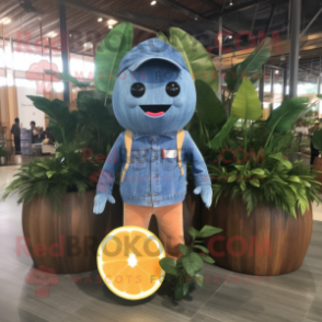 Blue Grapefruit mascot costume character dressed with a Denim Shirt and Headbands