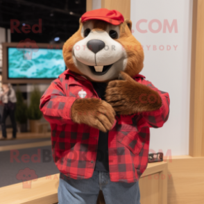 Red Beaver mascot costume character dressed with a Flannel Shirt and Smartwatches