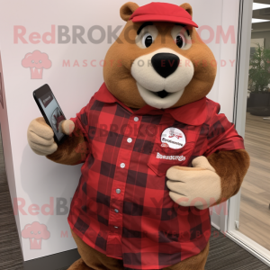 Red Beaver mascot costume character dressed with a Flannel Shirt and Smartwatches