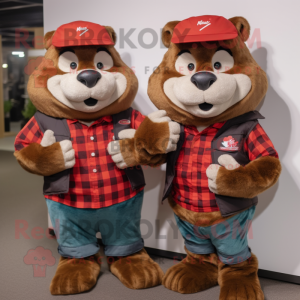 Red Beaver mascot costume character dressed with a Flannel Shirt and Smartwatches