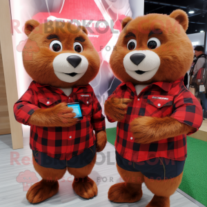Red Beaver mascot costume character dressed with a Flannel Shirt and Smartwatches