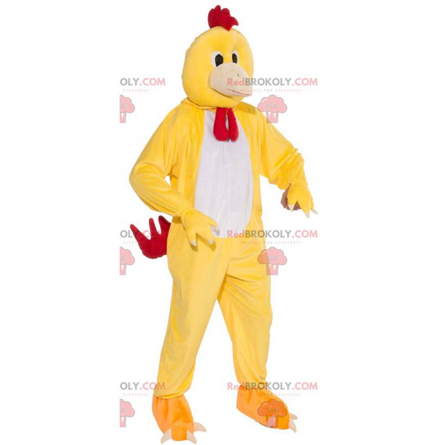 Mascote de galinha galo branco amarelo e vermelho -