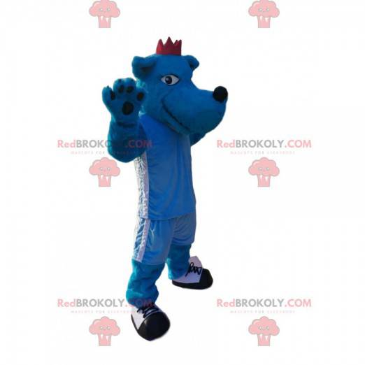 Maskotka psa niebieski wilk w niebieskiej odzieży sportowej.