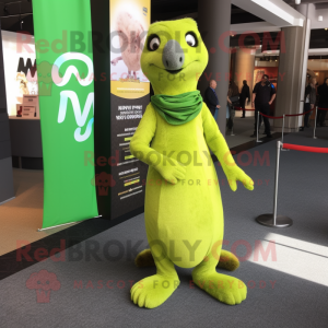 Lime Green Mongoose mascot costume character dressed with a Empire Waist Dress and Tie pins