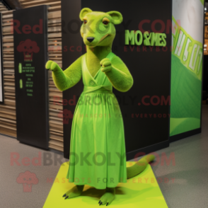 Lime Green Mongoose mascot costume character dressed with a Empire Waist Dress and Tie pins