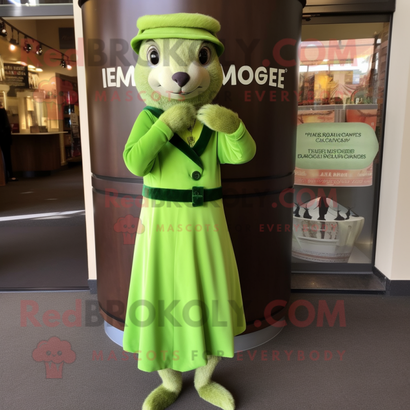 Lime Green Mongoose mascot costume character dressed with a Empire Waist Dress and Tie pins