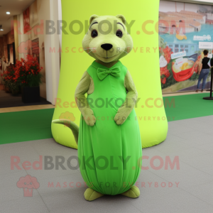 Lime Green Mongoose mascot costume character dressed with a Empire Waist Dress and Tie pins