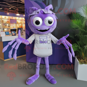 Lavender Spider mascot costume character dressed with a Romper and Lapel pins