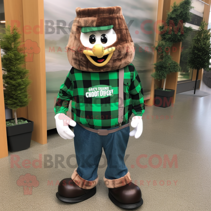 Forest Green Goulash mascot costume character dressed with a Flannel Shirt and Foot pads