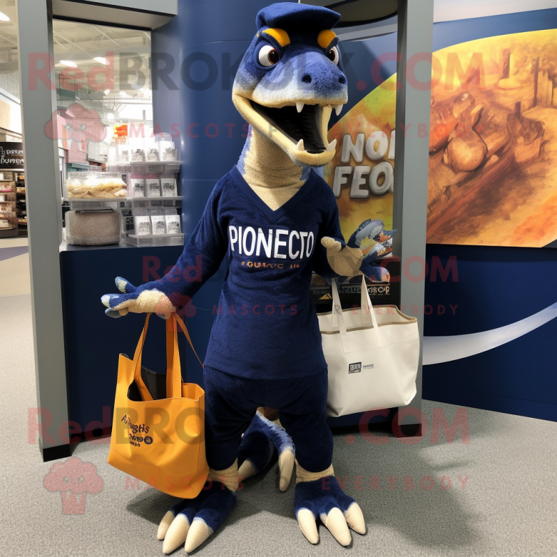 Navy Deinonychus mascot costume character dressed with a Sweater and Tote bags Navy Deinonychus mascot costume character dressed with a Sweater and Tote bags