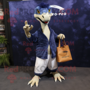 Navy Deinonychus mascot costume character dressed with a Sweater and Tote bags