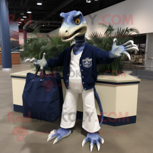 Navy Deinonychus mascot costume character dressed with a Sweater and Tote bags