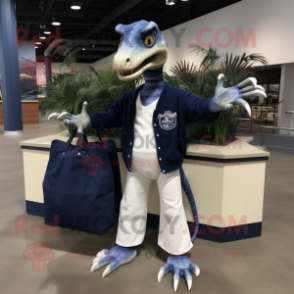 Navy Deinonychus mascot costume character dressed with a Sweater and Tote bags