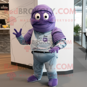 Lavender Trilobite mascot costume character dressed with a Flare Jeans and Bracelet watches