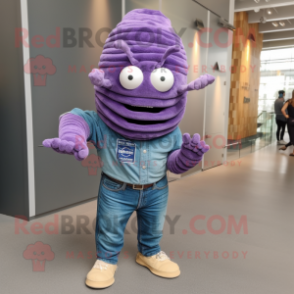 Lavender Trilobite mascot costume character dressed with a Flare Jeans and Bracelet watches