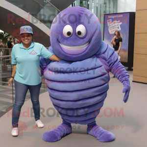 Lavender Trilobite mascot costume character dressed with a Flare Jeans and Bracelet watches