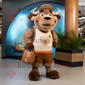 Tan Buffalo mascot costume character dressed with a Tank Top and Handbags