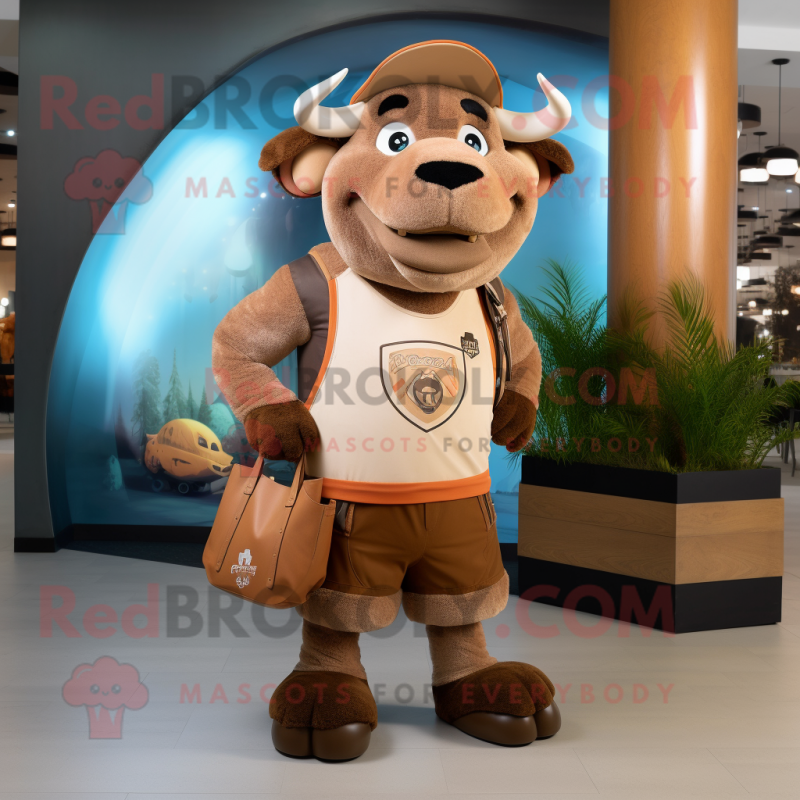 Tan Buffalo mascot costume character dressed with a Tank Top and Handbags Tan Buffalo mascot costume character dressed with a Tank Top and Handbags