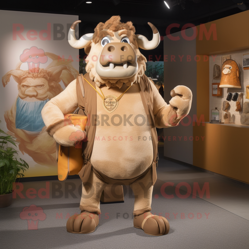 Tan Buffalo mascot costume character dressed with a Tank Top and Handbags Tan Buffalo mascot costume character dressed with a Tank Top and Handbags