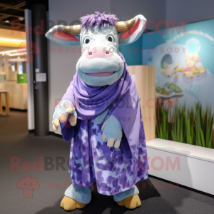 Lavender Hereford Cow mascot costume character dressed with a Cardigan and Headbands