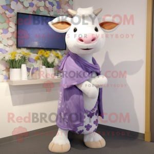 Lavender Hereford Cow mascot costume character dressed with a Cardigan and Headbands