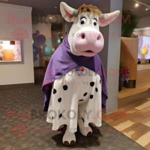 Lavender Hereford Cow mascot costume character dressed with a Cardigan and Headbands