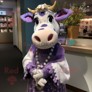 Lavender Hereford Cow mascot costume character dressed with a Cardigan and Headbands