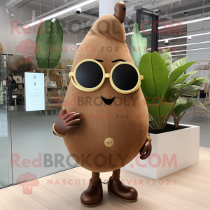 Brown Pear mascot costume character dressed with a Playsuit and Sunglasses