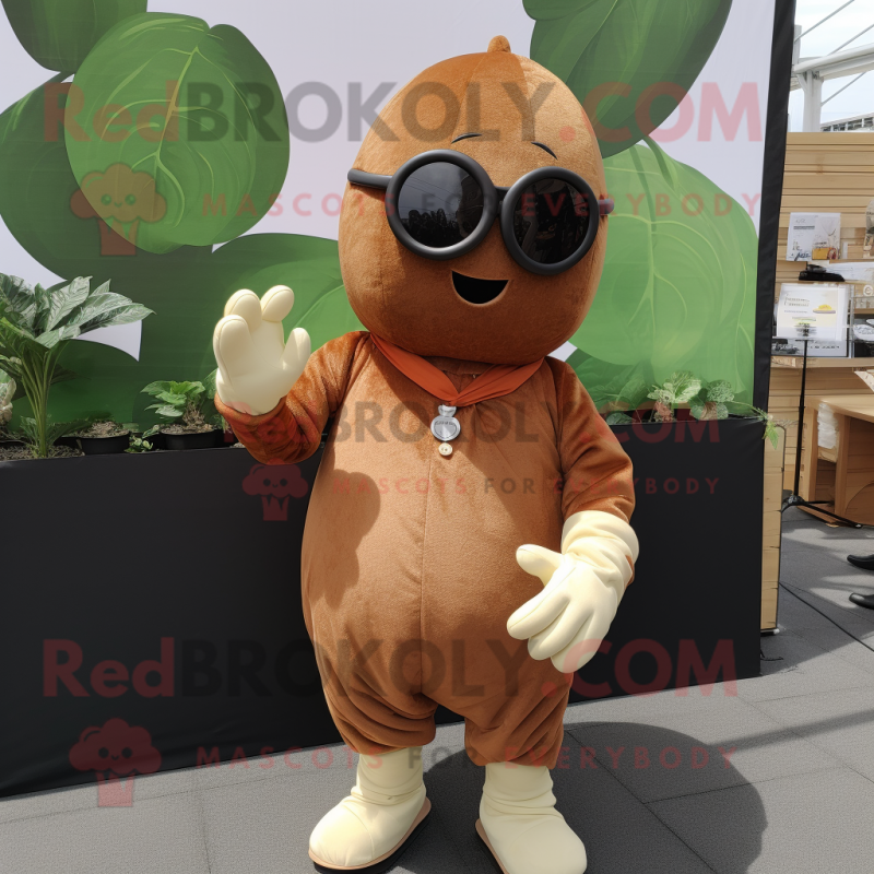 Brown Pear mascot costume character dressed with a Playsuit and Sunglasses Brown Pear mascot costume character dressed with a Playsuit and Sunglasses