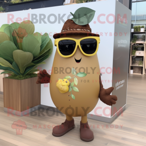 Brown Pear mascot costume character dressed with a Playsuit and Sunglasses