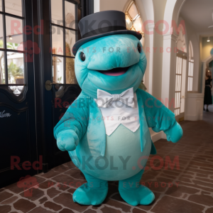 Turquoise Stellar'S Sea Cow mascot costume character dressed with a Dress and Bow ties