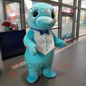 Turquoise Stellar'S Sea Cow mascot costume character dressed with a Dress and Bow ties