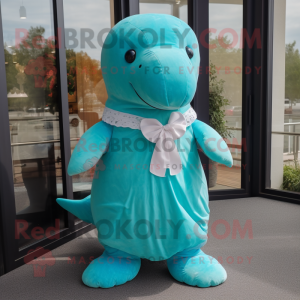 Turquoise Stellar'S Sea Cow mascot costume character dressed with a Dress and Bow ties