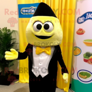 Lemon Yellow Tacos mascot costume character dressed with a Tuxedo and Keychains