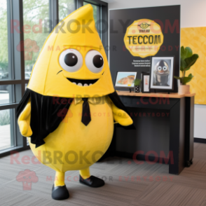 Lemon Yellow Tacos mascot costume character dressed with a Tuxedo and Keychains