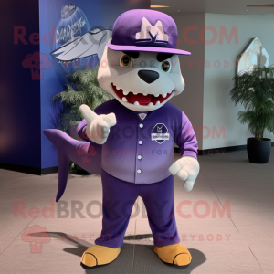 Purple Megalodon mascot costume character dressed with a Joggers and Hat pins