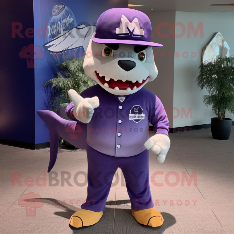 Purple Megalodon mascot costume character dressed with a Joggers and Hat pins Purple Megalodon mascot costume character dressed with a Joggers and Hat pins