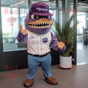 Purple Megalodon mascot costume character dressed with a Joggers and Hat pins