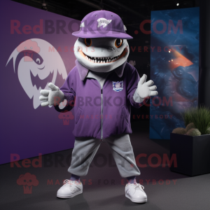 Purple Megalodon mascot costume character dressed with a Joggers and Hat pins