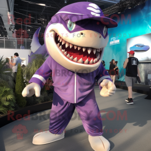 Purple Megalodon mascot costume character dressed with a Joggers and Hat pins