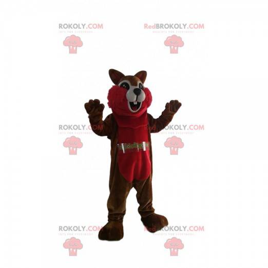 Mascote esquilo marrom e vermelho com um sorriso enorme -