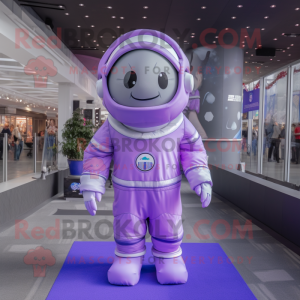 Lavender Astronaut mascot costume character dressed with a Coat and Earrings
