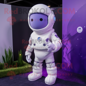 Lavender Astronaut mascot costume character dressed with a Coat and Earrings