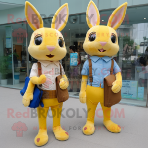 Yellow Wild Rabbit mascot costume character dressed with a Skinny Jeans and Messenger bags