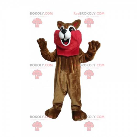 Mascote esquilo marrom e vermelho com um sorriso enorme -