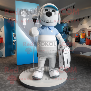 Silver Golf Bag mascot costume character dressed with a Playsuit and Beanies