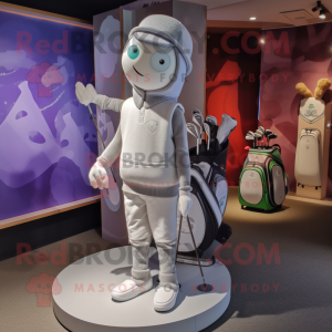 Silver Golf Bag mascot costume character dressed with a Playsuit and Beanies