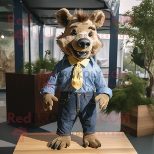 Gold Wild Boar mascot costume character dressed with a Denim Shirt and Bow ties