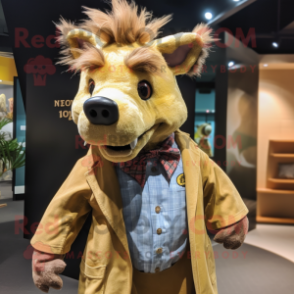 Gold Wild Boar mascot costume character dressed with a Denim Shirt and Bow ties